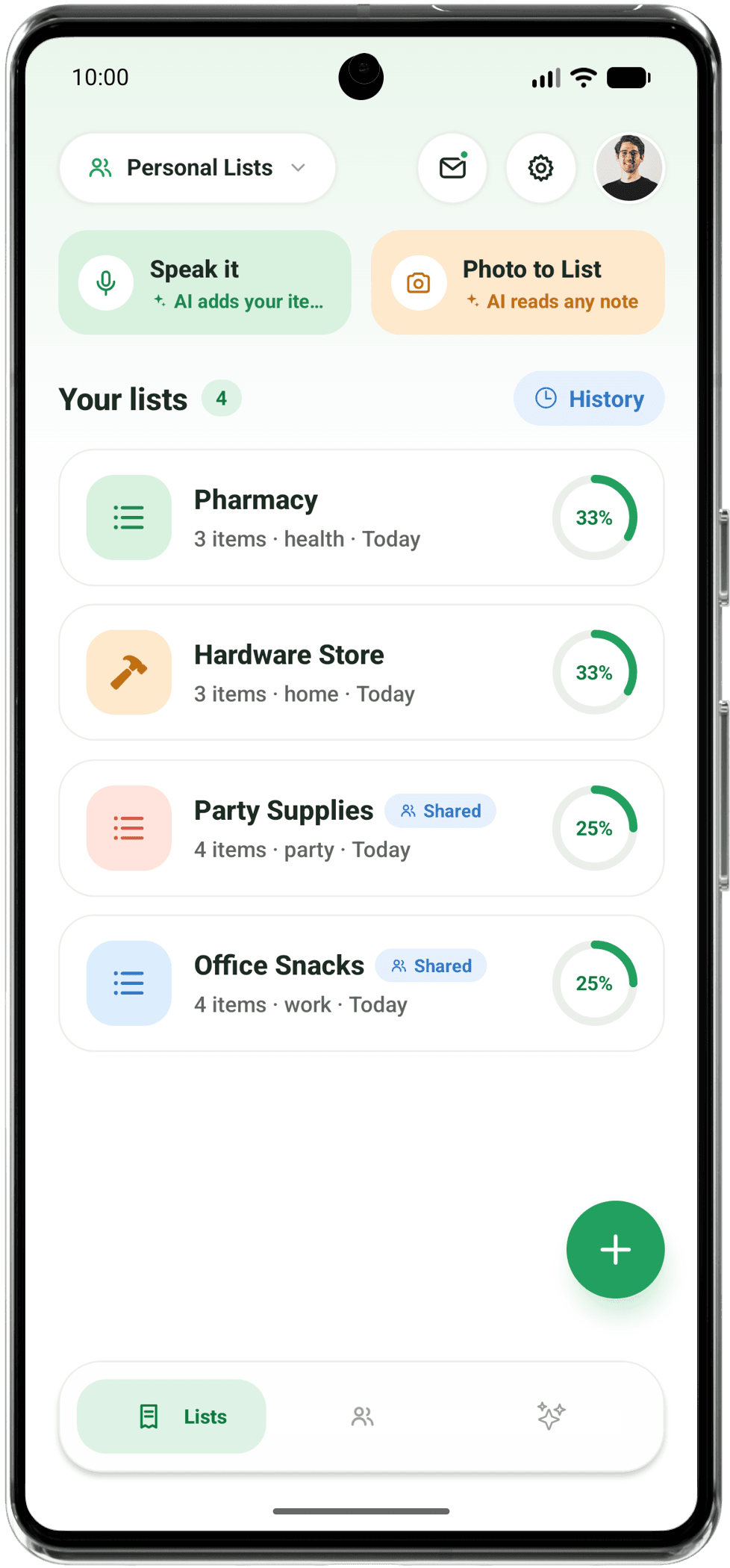 Lysta app home screen on an Android phone