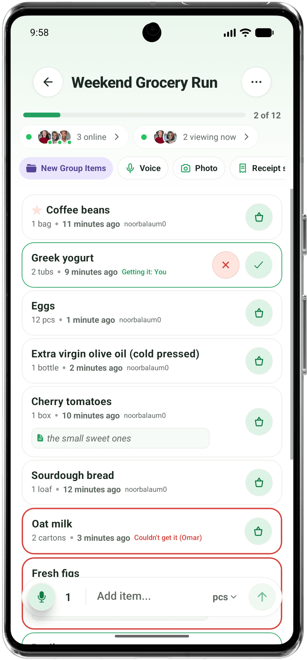 A shared shopping list in the Lysta app